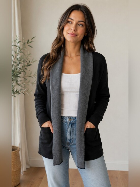 Babaton Sweaters - Babaton Aritzia Merino Wool Open Front Cardigan Black & Grey
